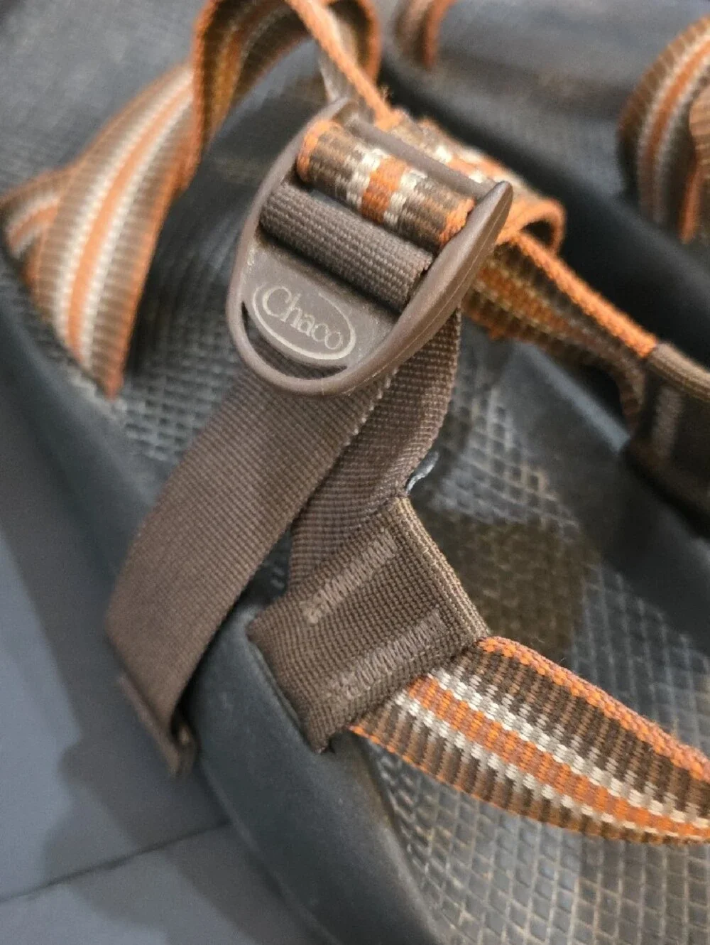 Chaco Men's Vibram Black Sandals with Brown and Orange Straps